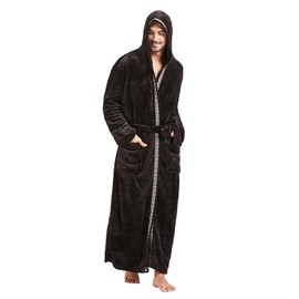 FashGudim Men's Hooded Plush Robe with Black Trim Full Length Plush Long Robe for Men Big and Tall Warm Fleece Bathrobes House Robes (Black & Black Trim, S/M)