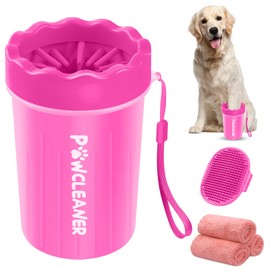 Comotech Dog Paw Cleaner, Pet Foot Washer - Quickly Clean a Muddy Paw, Soft Silicone Bristles, Suitable for Small, Medium, Large Breed Dogs, Pink (with 3 Absorbent Towel)