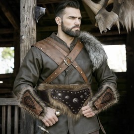 Medieval Viking Belt Leather Bracers, Vintage Barbarian Fur Wide Belt Faux Leather Arm Guards Waist Armor Set for LARP