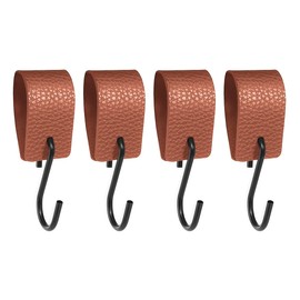 Drenky S Hooks with Leather Loop - Metal Hooks No Drilling Required, Multi-Purpose Coat Hooks for Clothes Rail, Kitchen & Bathroom, Dark Brown, Pack of 4