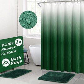 XLHOMO Bathroom Accessory Set Green Bathroom Sets with Shower Curtain and Rugs, No Slip Bathroom Rugs Super Absorbent, Ombre Shower Curtain with Hooks, Dark Green Bathroom Sets Complete for Home