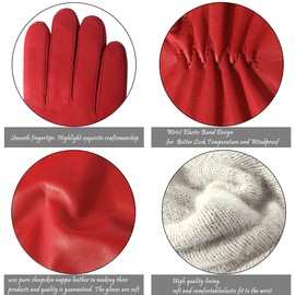 Harssidanzar Women's Leather Winter Gloves,Genuine Lambskin Leather Lined Cashmere Warm Driving Gloves For Women GL006UK,Red,Size L