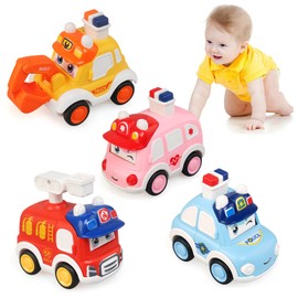 JoyPlus Wind-up Car from 2 Years, Set of 4 Toy Car Set, Baby Car Toy, Vehicles, Friction, Pull Back Toy Cars, Gifts from 1+ Years (Police Car/Ambulance/Fire Engine/Truck)