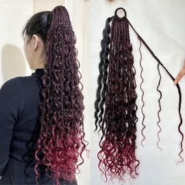 2Pcs Goddess Box Braid Ponytail Extension with Elastic Tie 24inch Long Box Braided Ponytail Hair Tie Wrap Around Braid Ponytail Synthetic Hairpieces for Women Daily Wear (T1B/BUG#)