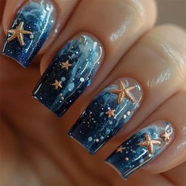 Summer Press on Nails Long Square False Nails Starfish Fake Nails Embossed Starfishes Blue Gradient Wave Design Glossy Full Cover Reusable Glue on Nail for Women DIY Holiday Manicure