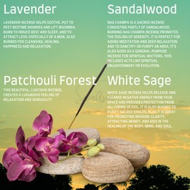 Satya Nag Champa Incense Sticks - 4 unique and premium flavours - Lavender, Sandalwood, White Sage, Patchouli Forest and comes with SAMASIA incense holder