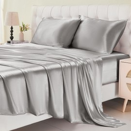 Cibhlea Satin Sheets Twin Size - Luxurious 3-Piece Silky Soft and Cooling Bed Sheet Set with Deep Pocket Fitted Sheet, Flat Sheet, and Pillowcase (Light Gray,Twin)