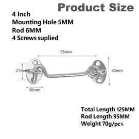 2PCS Hook and Eye Latch 4 Inch Silver Stainless Steel Gate Latch- Ideal for Door Locks Without Drilling Garden Gates Over Door Sheds Bathrooms Bedroom Door Lock