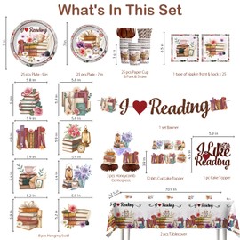 Xynic 177pcs Book Themed Party Decorations Tableware Complete Party Set, Book Club & Book-Themed Birthday Decorations I Like Reading PartySupplies, Serves 25 Guests