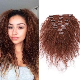 Clip-In Real Hair Extensions, Kinky Curly, Double Wefts, 8 Pieces, 18 Clips, Afro Hair Extensions, 7A Human Hair, 40 cm - 115 g, #30 Light Red Brown