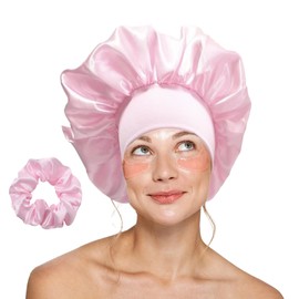 Lxtness Silk Cap, Pink Silk Cap, Adjustable Hair Cap with Pink Satin Hair Elastics, Non-Slip Silk Head and Hair Cover, Night Hat for Curly Hair with Elastic Band