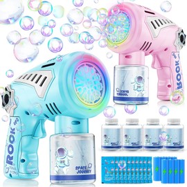 Boerfmo 2 Pcs Bubble Guns - 10 Holes Wands Automatic Bubble Machine with LED Light & Music for Kids - Includes 4 Bubble Solution & 8 Batteries - Toys for Ages 3+ Year Old, Gifts for Boys/Girls