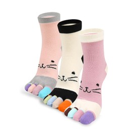 Calcetines de algodón para mujer y niña, calcetines de cinco dedos, lindos y coloridos al tobillo, calcetines atléticos para correr, calcetines separados de los dedos, Paquete de 3 gatos, Talla única