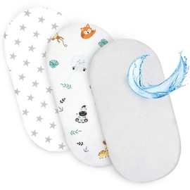 Fitted sheet for stroller and cradle for baby bed Set of 3: 75 x 35 cm - 2x cover with 1x waterproof mattress protector - mattress cover fitted sheet bed sheet Safari white