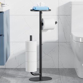 Kitsure Toilet Paper Holder Stand - Spacious Toilet Paper Storage for 4 Rolls, Rustproof Bathroom Organizers and Storage with Shelf for Phone & Small Items, 9.1"×5.8"×27.6", Black