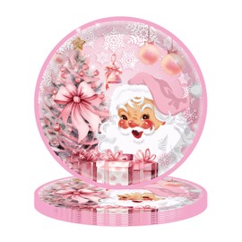 32 Pcs Pink Santa Claus Snowflake Theme Paper Plates 7 Inch Disposable Dinnerware Plates for Winter Christmas Birthday Party Decorations Supplies