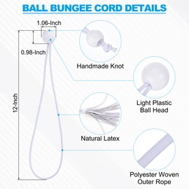 PATIKIL 12 Inch Tarp Ball Bungee Cord, 50 Pack Bungee Cords with Balls Canopy Tarp Tie Downs Cords Elastic String for Outdoor Camping Cargo Shelter Tent Poles, White