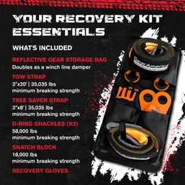 GearAmerica Off Road Recovery Kit, 9 Ton, Includes Tow Strap, Tree Saver, Snatch Block Pulley, D-Ring Shackles, Winch Line Dampener Bag, Gloves - Off Road Recovery Gear, 4x4, Orange
