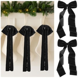Daifunli 8 Pcs Christmas Velvet Ribbon Bows Large Fringe Holiday Tree Topper Vintage Raw Edge Bow for Christmas Tree, Stocking, Ornament, Xmas Rustic Craft Home Decor(Black,8.7 x 17.7 x 3 in)