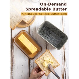 YHOJOY Ceramic Butter Dish with Lid, Covered Butter Dish for Countertop and Refrigerator, Large Butter Keeper Holder with Airtight Seal, HoneyBee Kitchen Decor, Gray