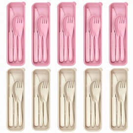 Magnoloran 10 Set Reusable Travel Utensils Set with Case,Wheat Straw Travel Cutlery Set Portable Knife Fork Spoons Tableware Picnic Silverware for Party, Picnic, Camping, Kitchen, Camping-Beige&Pink