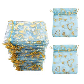 OLIREXD 100PCS Drawstring Sheer Organza Gift Bags, Organza Mesh Jewelry Pouches Little Mesh Candy Gift Pouches for Candy Gift Christmas Wedding Baby Shower Party Valentine's Day (Blue and Gold)
