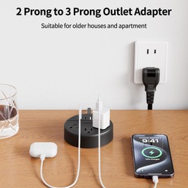 NTONPOWER 2 Prong Extension Cord 10 ft, 1875W/15A 2 Prong Power Strip, 3 Outlets & 2 USB A & 2 USB C, 2 Prong to 3 Prong Outlet Adapter, Rotating Plug, Wall Mount, Ideal for Older House Office Desktop
