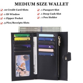 YJ-NEFELI Women Wallets Purse RFID Credit Card Wallet Leather Trifold Credit Card Holder for Women Ladies Coin Purse Medium Size with Pen Holder