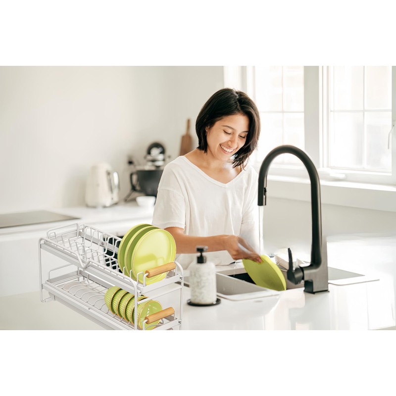 Pull-Out Double/Single Tier Dish Rack for Cupboard, Slide Out Dish