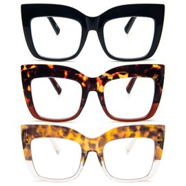 REAVEE 3 Pack Oversized Reading Glasses for Women Thick Large Frame Blue Light Blocking Stylish Computer Readers Spring Hinge,Black Leopard Tortoise 2.25