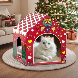 LUCKITTY Christmas Cardboard Cat House for Indoor Cats with Scratcher Pad, Xmas Cats House Holiday Cat Scratcher Hideout Decorations