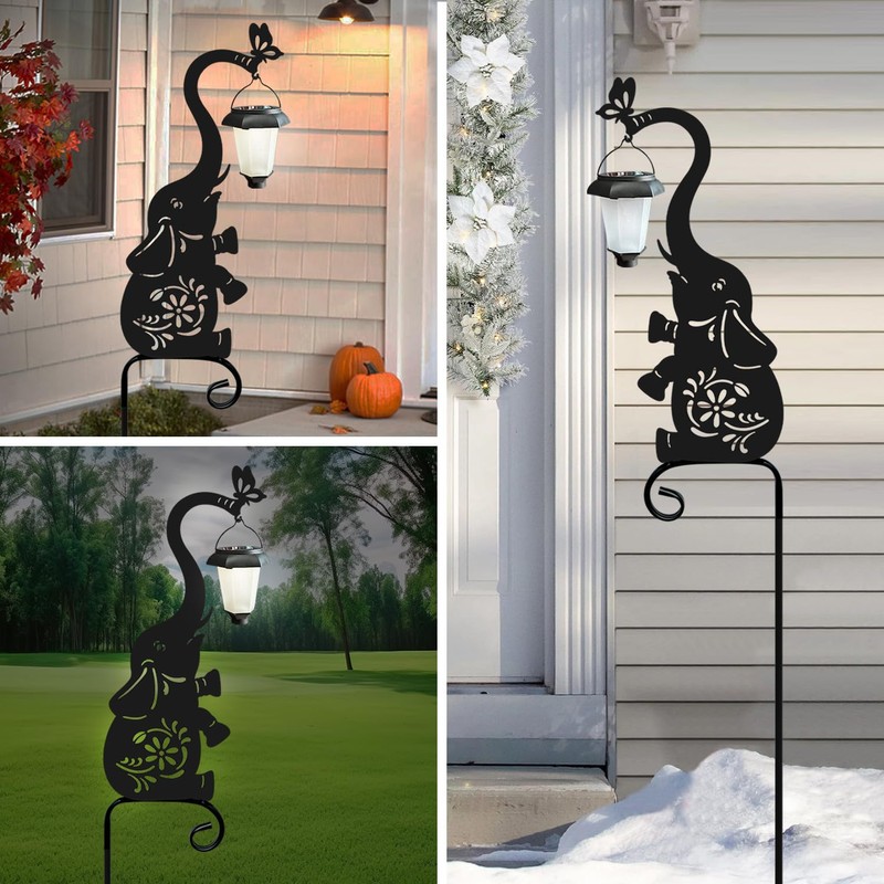 Hokfirm Metal Elephant with Solar Lantern Garden Stake,Garden Lights Solar