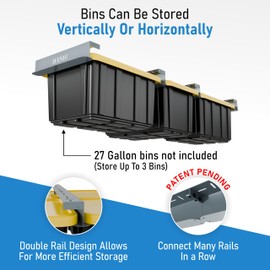 HANDT Overhead Garage Storage Rack, Connectable Heavy Duty Metal Ceiling Rails for Garage Storage Organization Shelving System, Supports Up to 3 Bins, 2 Sets Gray