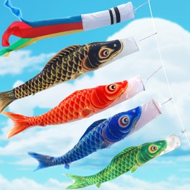 OKBABY Koinobori Carp Streamer, Large, For Gardens, 4 Carps, 5.9 ft (3 m), Black Carp, 6.6 ft (2 m), Red Carp, 5.9 ft (1.5 m), Blue Carp, 3.9 ft (1.2 m), Green Carp 3.3 ft (1 m), Premium Polyester
