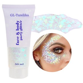 GL-Turelifes White Body Glitter Gel, Mardi Gras Face Glitter Make-up, Sparkling Chunky Hair Glitter, Concerts Festival Rave Accessories, Mermaid Glitter Face Paint (#06 White)