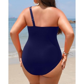 Aqua Eve Plus Size One Piece Swimsuit One Shoulder Bathing Suit Tummy Control Keyhole Swimwear Blue-1 16W