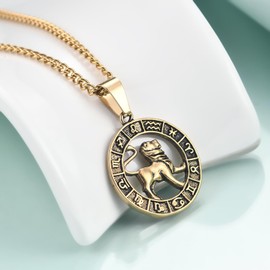 Rnivida Leo Zodiac Sign Necklace 14k Gold Plated Stainless Steel Constellation Jewelry Horoscope Birthday Gifts,Round Astrology Pendant with Cuban Chain 20 Inches