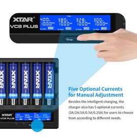 8 bays 21700 18650 Battery Charger XTAR New VC8 Plus 21700 Smart Charger with LCD Display,1A*8 Fast Charger for 3.6V 3.7V Li-ion 10440 18700 26650 1.2V Ni-MH AA AAA C Full Set with DC 12V 3A Adapter