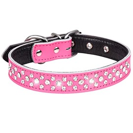 Serijoars Collar de perro con diamantes de imitación para perros pequeños, medianos y grandes, collar ajustable de piel auténtica suave con cristales brillantes (S, rosa intenso)
