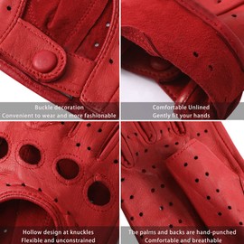 Harssidanzar Women Fingerless Driving Gloves,Womens Lambskin Leather Fingerless Gloves Unlined Half Finger Driving GL012,Red,Size L