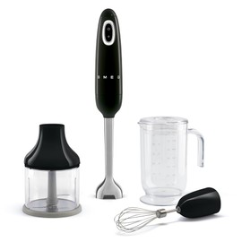 SMEG Handheld Immersion Blender with Beaker, Chopping Bowl w/Lid, Wire Whisk, 5 Speed Controls, made with Stainless Steel Blades and Ergonomic Design (Black)