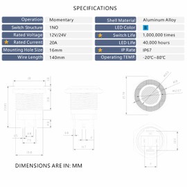 Ordentlich LED Momentary Aluminum Push Button Switch 12-24V DC 20A 1NO On Off for 0.63" Mounting Hole with Wire Socket (1, Blue, 16mm)