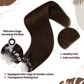 Hetto Micro Ring Hair Extensions Brown Human Hair Thick Micro Ring Hair Extensions Real Human Hair Invisible Straight Micro Loop Hair Extensions Dark Brown 50g 18Inch