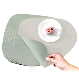 WideSmart Set of 6 Faux Leather Placemats, Washable, Leather Placemats, Oval Double-Sided Wipe Clean, Heat Resistant, Non-Slip Placemats, Leather Look Table Mat for Plates