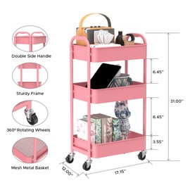 3-Tier Kitchen Cart Multifunctional Rolling Utility Cart with Lockable Wheels，Storage Craft Art Cart Trolley Organizer Serving Cart Easy Assembly for Office, Bathroom, Kitchen,Nursery（Pink）