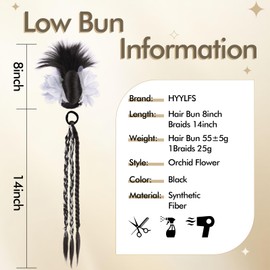 Black Hair Bun,Clip-On Feathered Bun Hair Pieces for Women Synthetic Sick Back Bun Hair Extension Natural Looking Fake Hair Clips Volumizing Straight Bun(Black, White ribbon braids, Orchid flower)