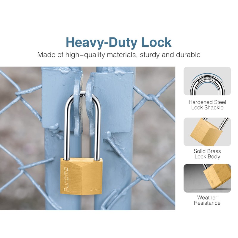 Puroma 1 Pack Keyed Padlock Waterproof Solid Brass Lock, 2.6