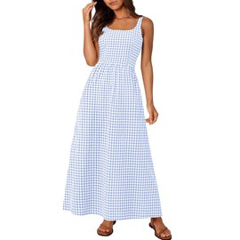 PRETTYGARDEN Women's 2025 Summer Spaghetti Strap Maxi Dresses Plaid Square Neck A Line Casual Beach Vacation Long Sundress (Light Blue,X-Large)