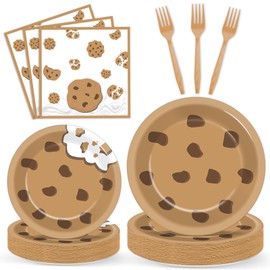 Naozinebi Milk and Cookies Birthday Party Plates Napkins Decorations Chocolate Chip Cookie Tableware Set Cookies Theme Disposable Plate Fork for Kids Boys Girls Birthday Baby Shower Supplies Serve 24