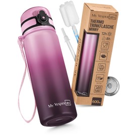 My Vesperbox - Stainless Steel Thermos Drinking Bottle Leak-Proof - with Straw or Strainer - 400 ml, 600 ml - BPA Free - for Nursery, School (Pink Gradient 600 ml)